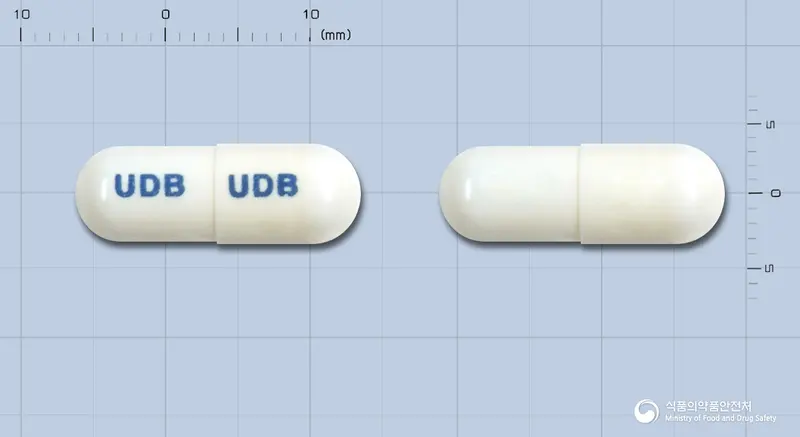 유디비캡슐 앞뒤 사진 (흰색 캡슐, 각인 UDB UDB)