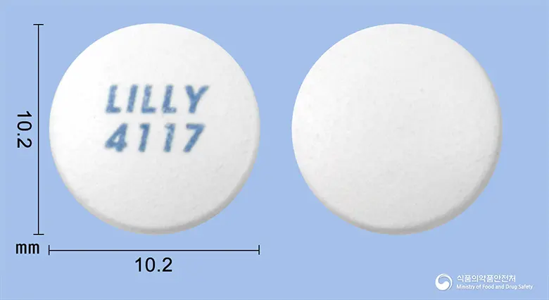 자이프렉사정10밀리그램(올란자핀) 앞뒤 사진 (흰색 원형, 각인 LILLY4117)