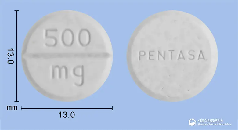 펜타사서방정500밀리그램(메살라진) 앞뒤 사진 (회색 원형, 각인 500 mg / PENTASA)