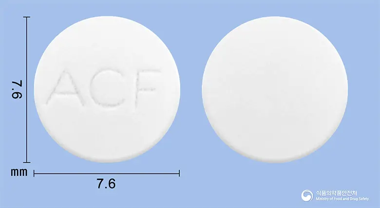 아크로펜정(아세클로페낙) 앞뒤 사진 (흰색 원형, 각인 ACF)