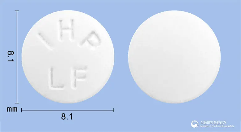 레사신정(레보플록사신수화물)(수출명:LESACIN,LENTACIN) 앞뒤 사진 (흰색 원형, 각인 IHP LF)
