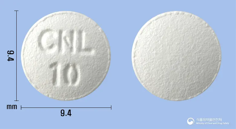 시나롱정10밀리그램(실니디핀)(수출명 : Todula Tablet 10mg) 앞뒤 사진 (흰색 원형, 각인 CNL10)