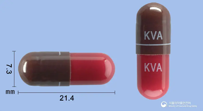 반코진캡슐250밀리그램(반코마이신염산염) 앞뒤 사진 (갈색 캡슐, 각인 KVA KVA-------)