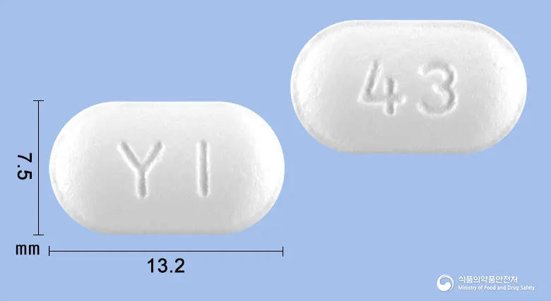 나프록스정275mg(나프록센나트륨) 앞뒤 사진 (흰색 장방형, 각인 YI / 43)