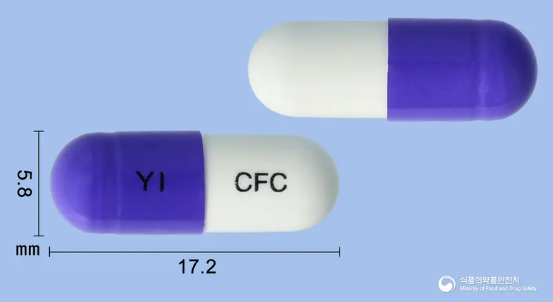 영일세파클러캡슐250밀리그램(수출명:Faclarcapsule250mg) 앞뒤 사진 (보라색 캡슐, 각인 YI CFC)