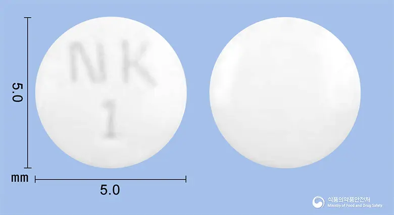 페리돔정(돔페리돈)(수출명:  DOMRID Tablet, DOMPERIDONE-K Tablet) 앞뒤 사진 (흰색 원형, 각인 NK1)