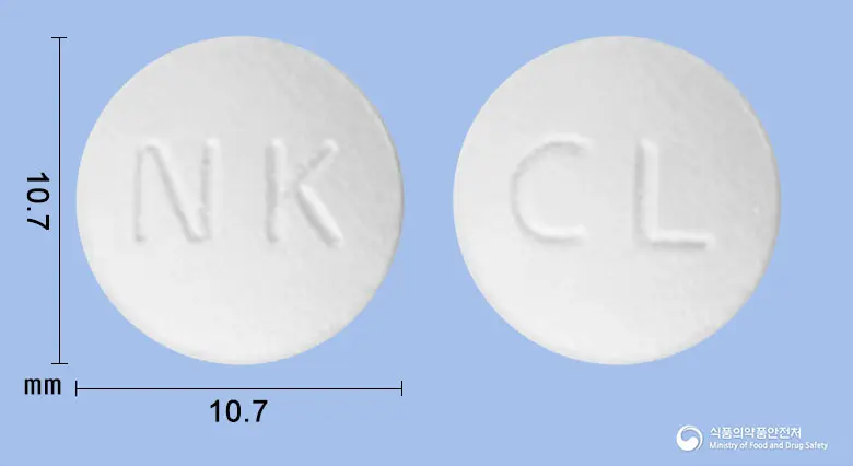 클리네정(클로닉신리시네이트)(수출명: COKLIN Tablet) 앞뒤 사진 (흰색 원형, 각인 NK / CL)