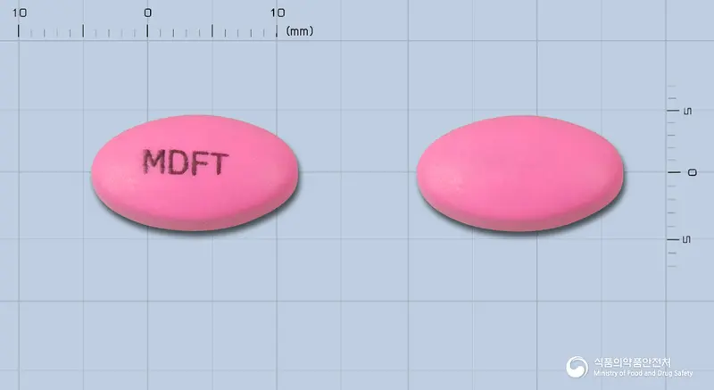 포르타제정 앞뒤 사진 (분홍색 타원형, 각인 MDFT)