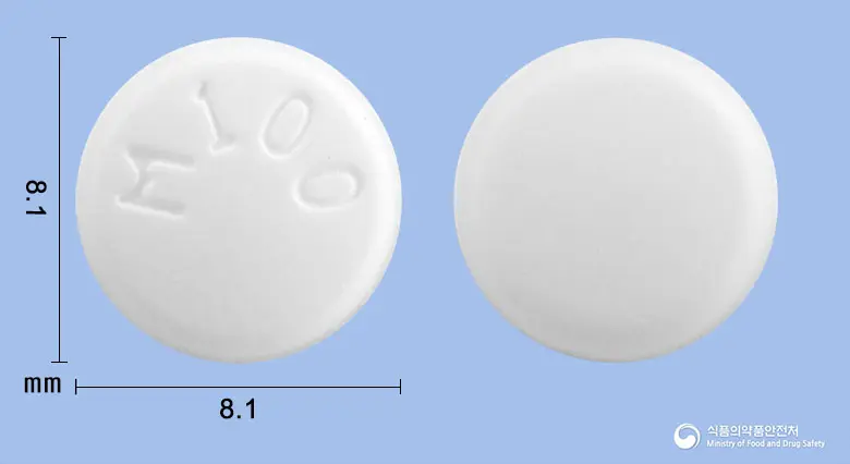 메부라틴정(트리메부틴말레산염)(수출명: MEBURATIN Tablet 100mg) 앞뒤 사진 (흰색 원형, 각인 M100)