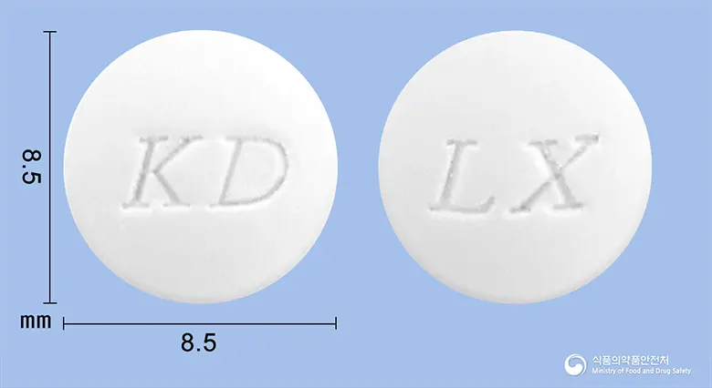 레폭신정(레보플록사신수화물) 앞뒤 사진 (흰색 원형, 각인 KD / LX)