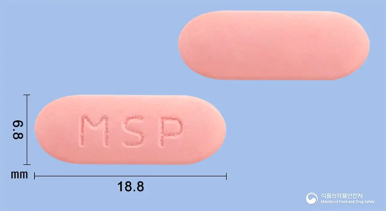 멘자펜정 앞뒤 사진 (분홍색 장방형, 각인 MSP)