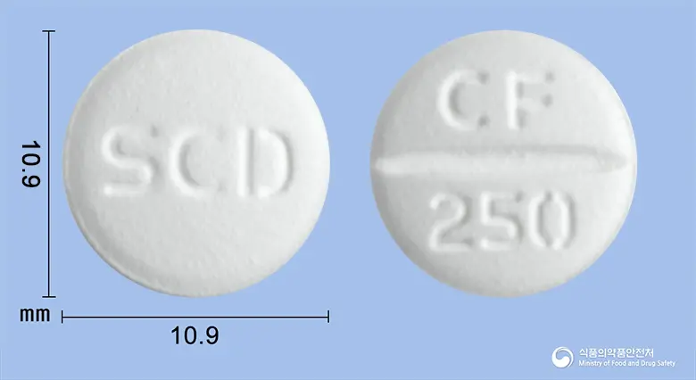 씨에프정250mg(시프로플록사신염산염) 앞뒤 사진 (흰색 원형, 각인 SCD / CF 250)