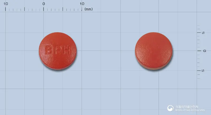 풀시드정100mg(밀크시슬엑스) 앞뒤 사진 (갈색 원형, 각인 BPH)
