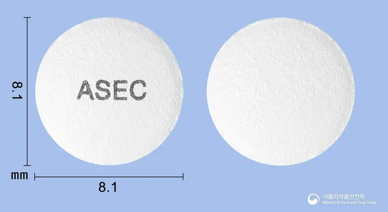 아섹정100밀리그램(아세클로페낙) 앞뒤 사진 (흰색 원형, 각인 ASEC)