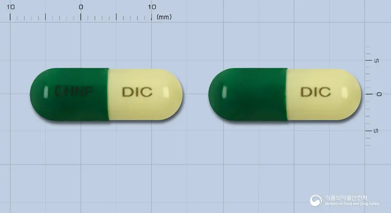 다이엔캡슐 앞뒤 사진 (초록색 캡슐, 각인 DHNP DIC)