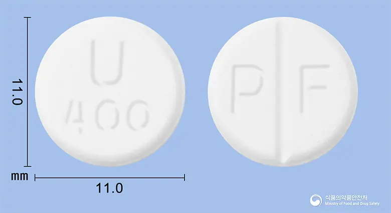 유니필서방정400mg(테오필린) 앞뒤 사진 (흰색 원형, 각인 U 400 / P F)