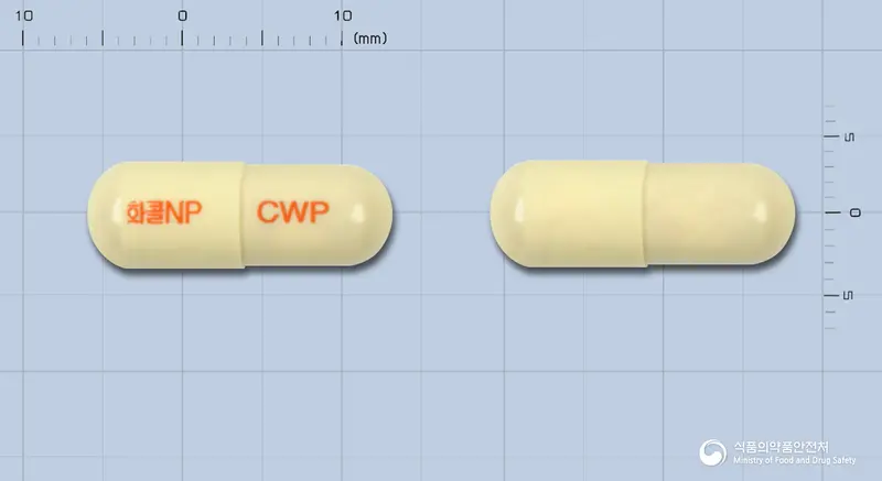 뉴화콜골드엔피캡슐(수출명:Medicophed Capsule) 앞뒤 사진 (노란색 캡슐, 각인 화콜NP CWP)