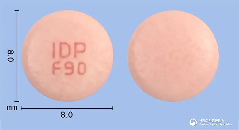 파스틱정90밀리그램(나테글리니드) 앞뒤 사진 (분홍색 원형, 각인 IDPF90)