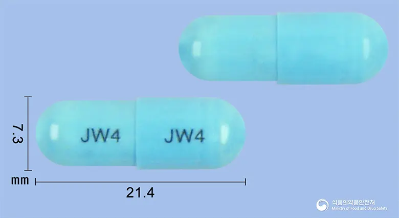 노노콜캡슐 앞뒤 사진 (파란색 캡슐, 각인 JW4 JW4)