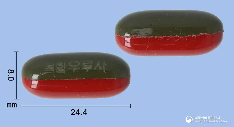 복합우루사연질캡슐 앞뒤 사진 (초록색 캡슐, 각인 복합우루사)
