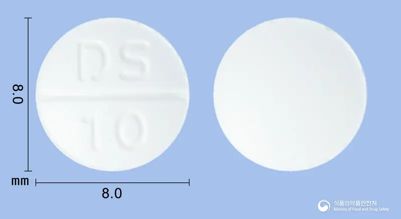 로다인정(로라타딘) 앞뒤 사진 (흰색 원형, 각인 DS 10)