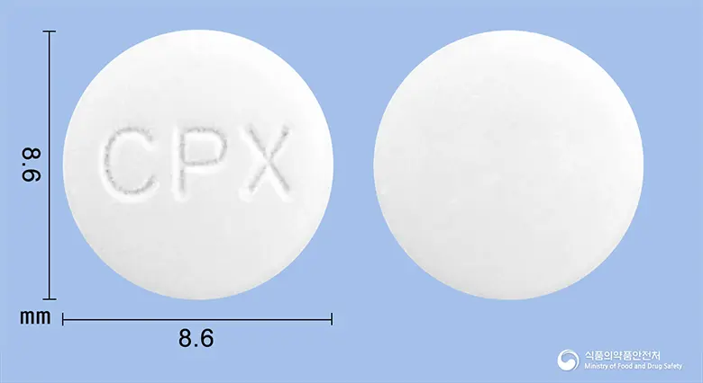 세포세틸정(세프포독심프록세틸) 앞뒤 사진 (흰색 원형, 각인 CPX)