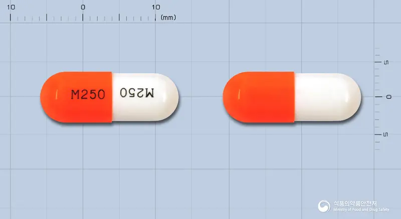 파마메페남산캡슐250mg 앞뒤 사진 (주황색 캡슐, 각인 M250 M250)