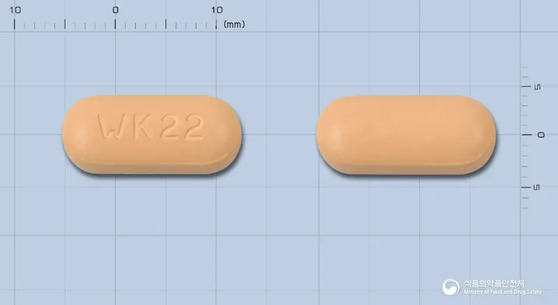 유로칼정(오소판물질) 앞뒤 사진 (노란색 장방형, 각인 WK22)