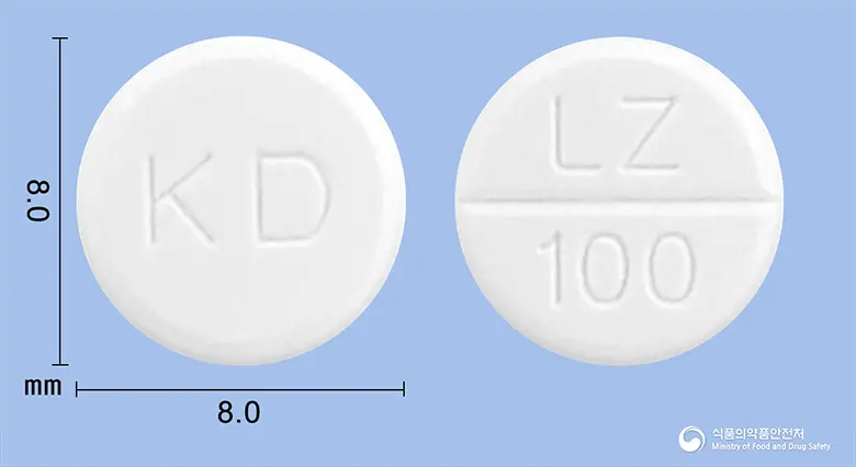 로사졸정100밀리그램(실로스타졸) 앞뒤 사진 (흰색 원형, 각인 KD / LZ 100)