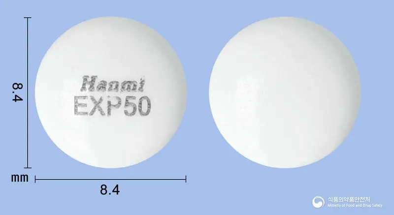 엑소페린정50밀리그램(에페리손염산염) 앞뒤 사진 (흰색 원형, 각인 HanmiEXP50)