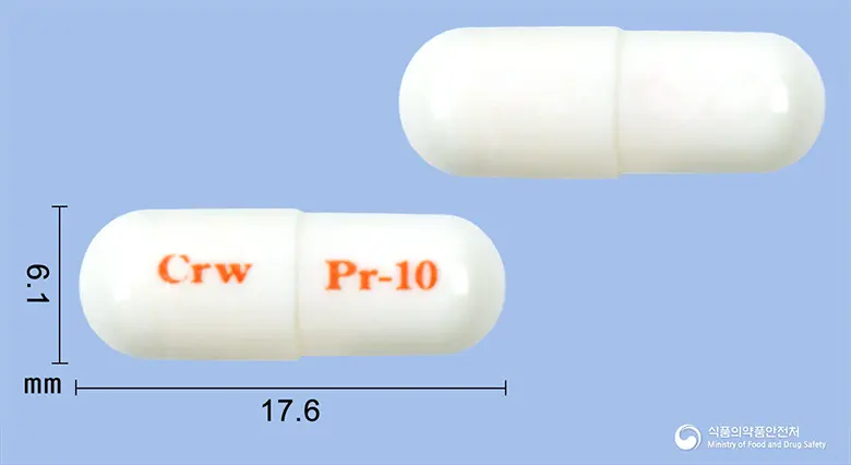 지엘피록시캄캡슐10밀리그램 앞뒤 사진 (흰색 캡슐, 각인 Crw Pr-10)