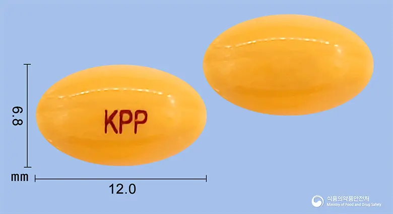 아시돌연질캡슐1마이크로그램(알파칼시돌) 앞뒤 사진 (주황색 캡슐, 각인 KPP)