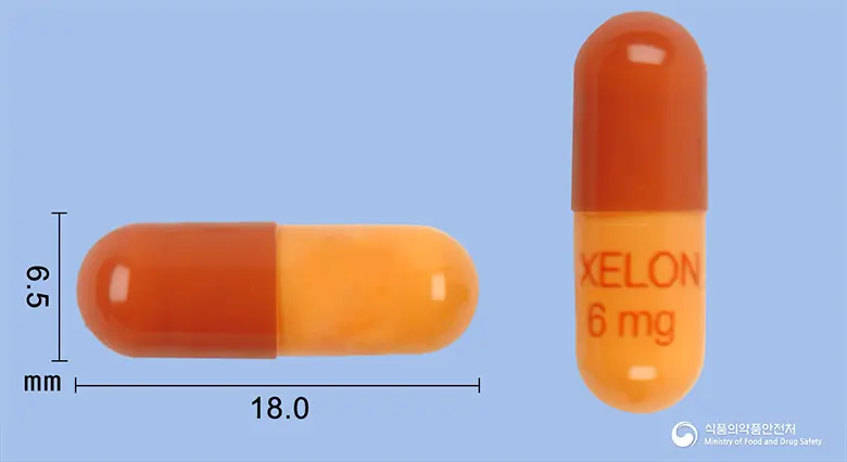 엑셀론캡슐6.0밀리그램(리바스티그민타르타르산염) 앞뒤 사진 (갈색 캡슐, 각인 EXELON6mg)