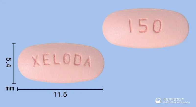 젤로다정150밀리그램(카페시타빈) 앞뒤 사진 (분홍색 타원형, 각인 XELODA / 150)