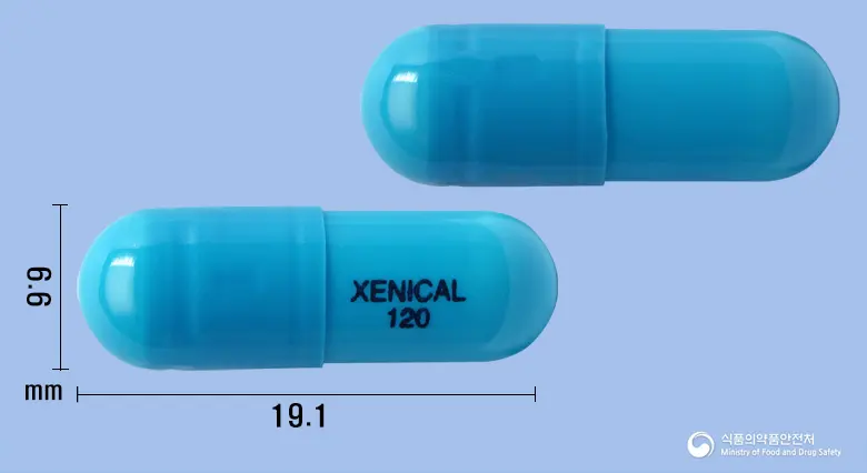 제니칼캡슐120밀리그램(오르리스타트) 앞뒤 사진 (파란색 캡슐, 각인 XENICAL 120)