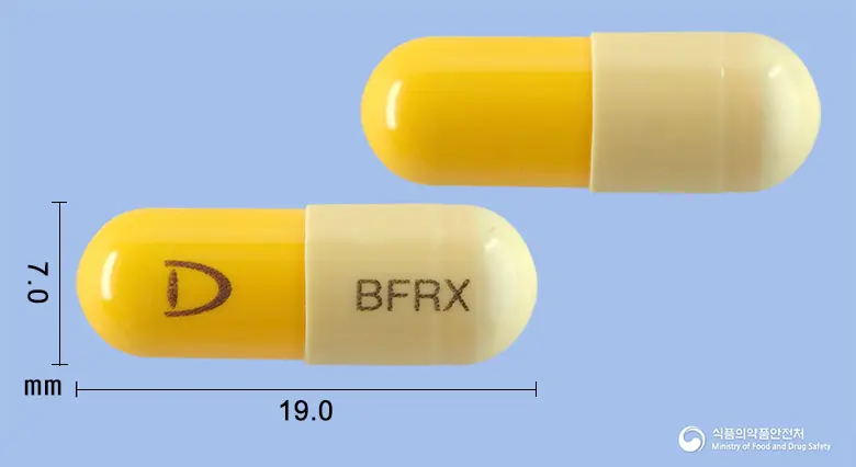 벤포렉스캡슐 앞뒤 사진 (노란색 캡슐, 각인 BFRX)