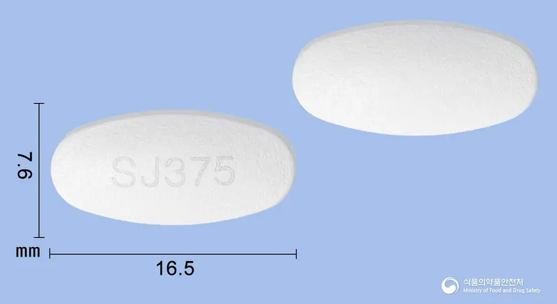 티라목스정375mg(아목시실린-클라불란산칼륨)(2:1) 앞뒤 사진 (흰색 타원형, 각인 SJ375)