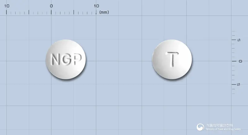 알마탄정 앞뒤 사진 (흰색 원형, 각인 NGP / T)