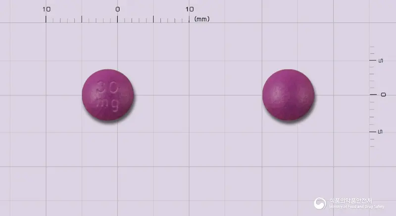 파마엠에스30서방정(모르핀황산염수화물) 앞뒤 사진 (보라색 원형, 각인 30mg)