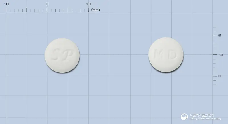 무코피드정(레바미피드) 앞뒤 사진 (흰색 원형, 각인 SP / MD)