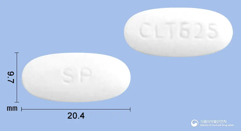 크라목신정625mg[아목시실린·클라불란산칼륨(4:1)](수출명:SHICLAMOX Tablets 625mg, SHINPOONG CLAMOX Tablets, SHINACIN Tablet 625mg,ATADAR Tablet 625mg) 앞뒤 사진 (흰색 타원형, 각인 SP / CLT625)