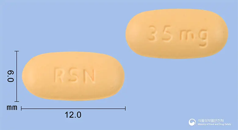 악토넬정35밀리그람(리세드론산나트륨) 앞뒤 사진 (주황색 장방형, 각인 RSN / 35mg)