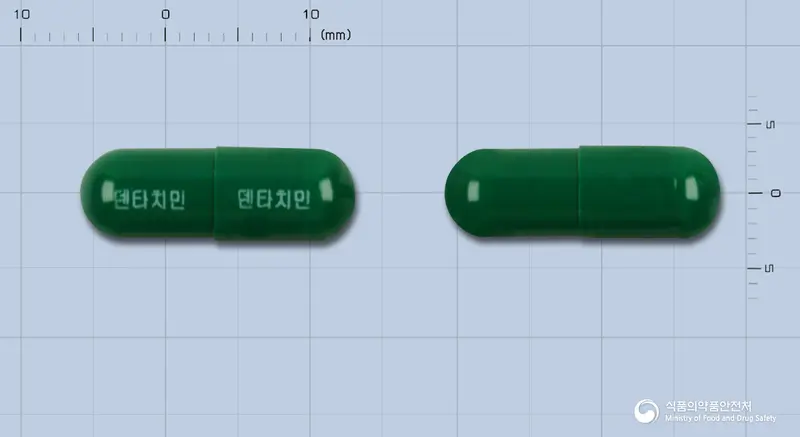 덴타치민캅셀 앞뒤 사진 (초록색 캡슐, 각인 덴타치민 덴타치민)