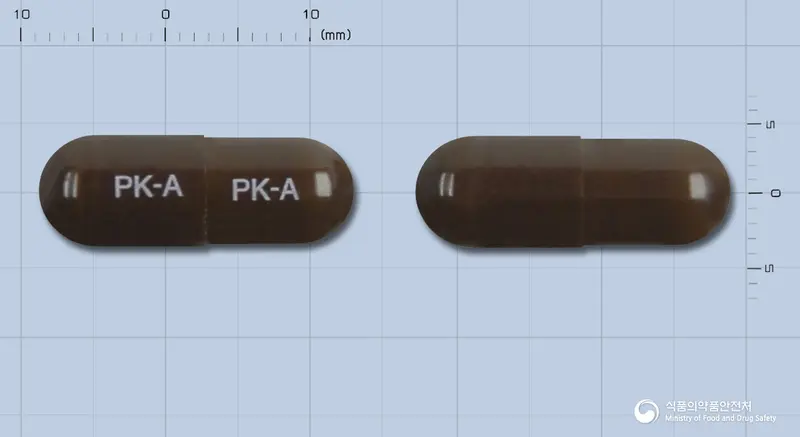 이디아캅셀 앞뒤 사진 (갈색 캡슐, 각인 PK-A PK-A)