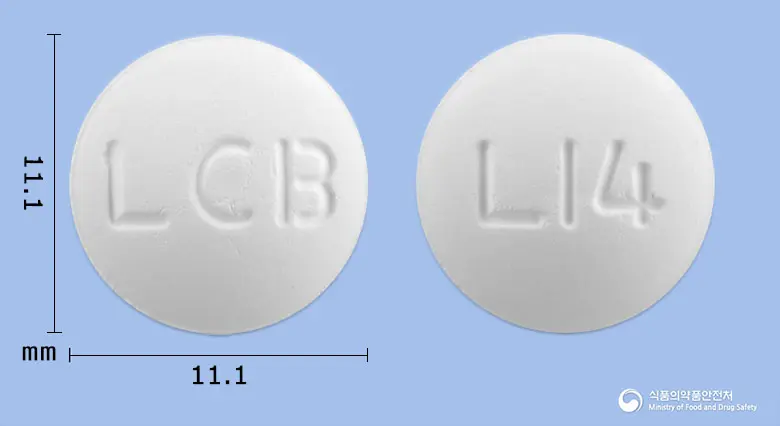 에치시드정 앞뒤 사진 (흰색 원형, 각인 LCB / L14)