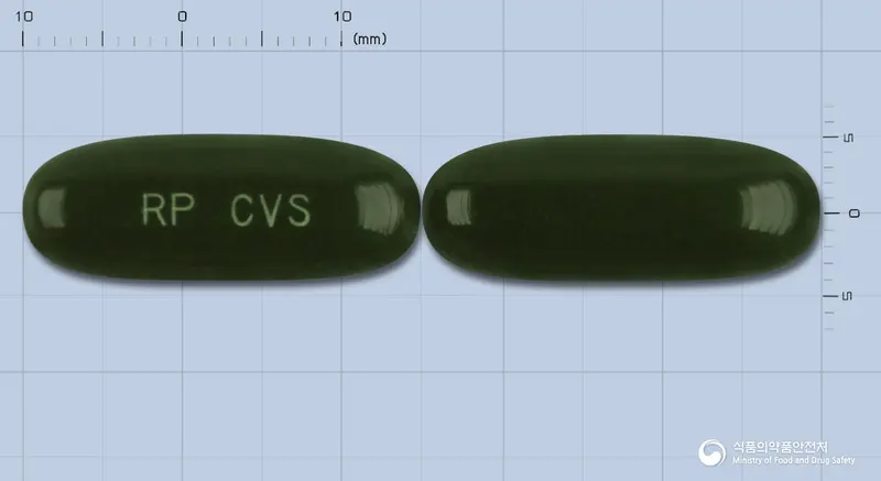 칼비스연질캡슐 앞뒤 사진 (초록색 캡슐, 각인 RP CVS)