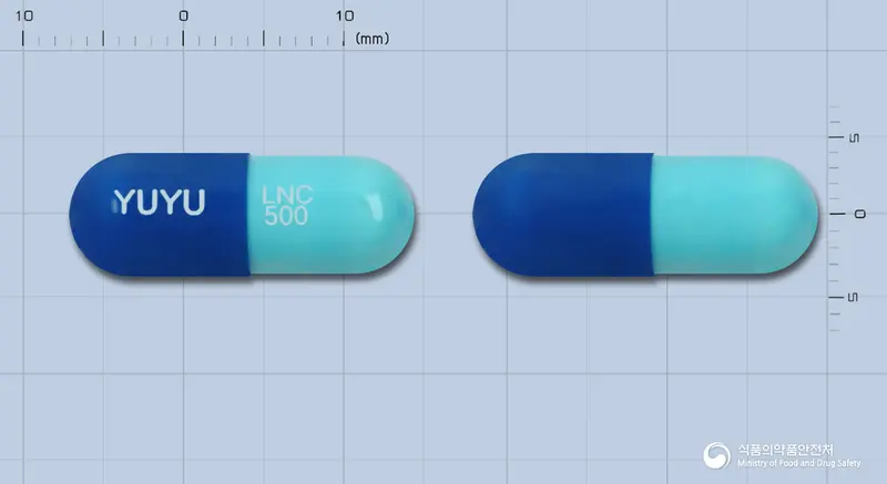 린코신캡슐500mg(린코마이신염산염수화물) 앞뒤 사진 (파란색 캡슐, 각인 YUYU LNC 500)