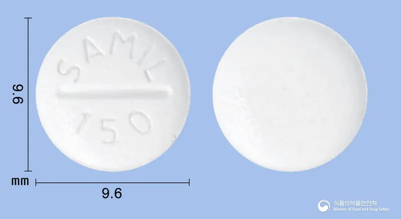 포리부틴정150mg(트리메부틴말레산염) 앞뒤 사진 (흰색 원형, 각인 SAMIL 150)