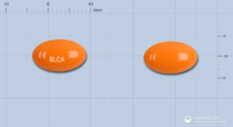 발렌시아연질캡슐 앞뒤 사진 (주황색 캡슐, 각인 BLCA)