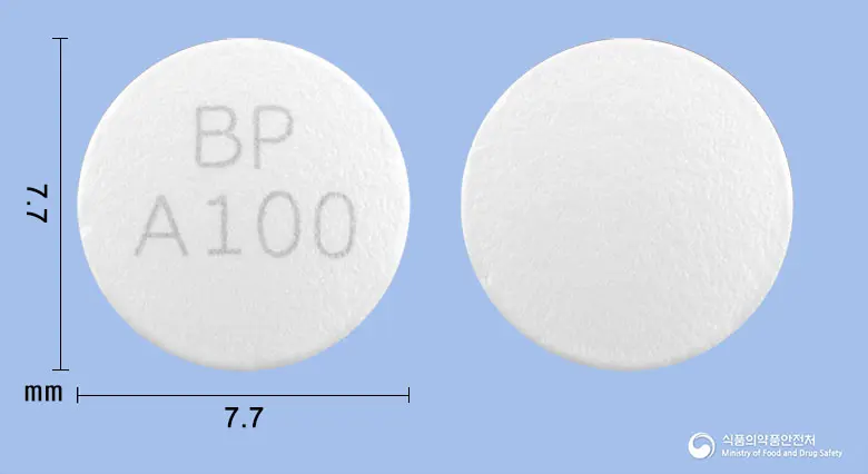 애니락정(아세클로페낙) 앞뒤 사진 (흰색 원형, 각인 BP A100)